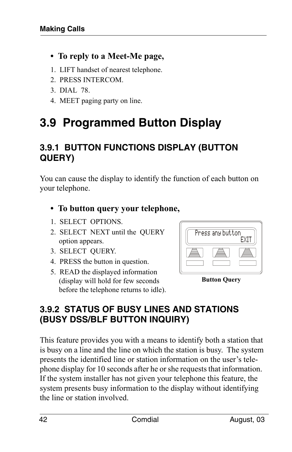 9 programmed button display, 1 button functions display (button query), Button inquiry) | Vertical Communications SCS 8324S User Manual | Page 52 / 174