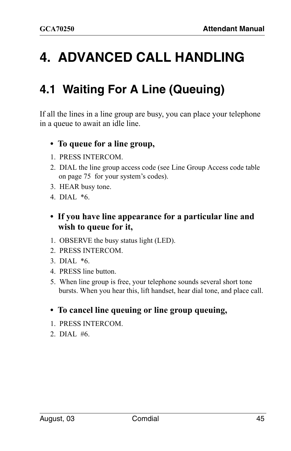 Advanced call handling, 1 waiting for a line (queuing) | Vertical Communications SCS 8324S User Manual | Page 55 / 174