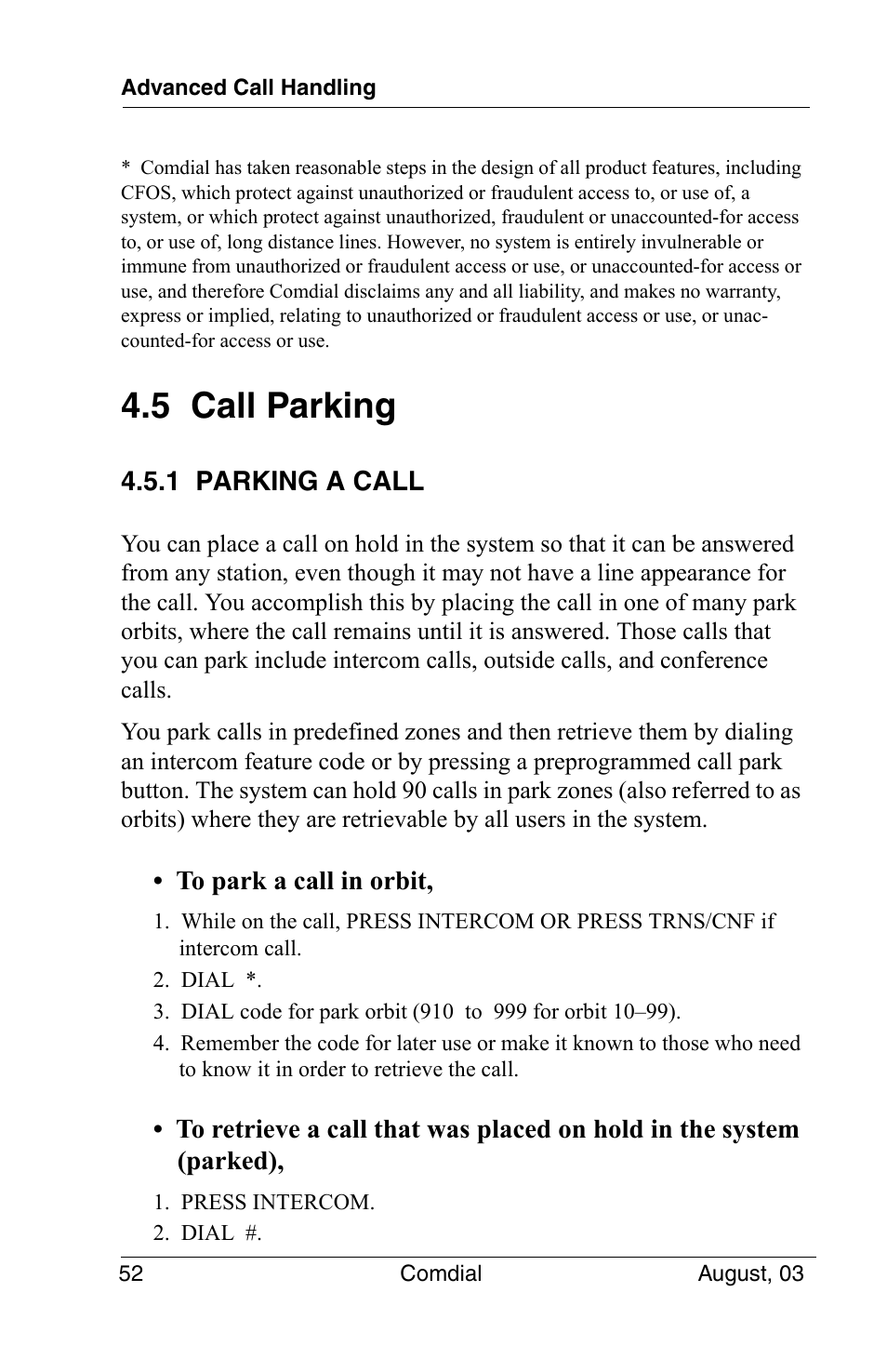 5 call parking, 1 parking a call | Vertical Communications SCS 8324S User Manual | Page 62 / 174