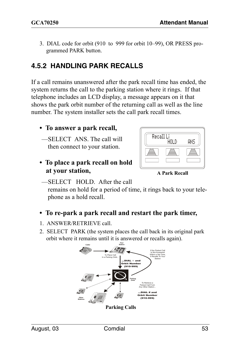 2 handling park recalls, Recall li hold ans a park recall, Parking calls | Vertical Communications SCS 8324S User Manual | Page 63 / 174