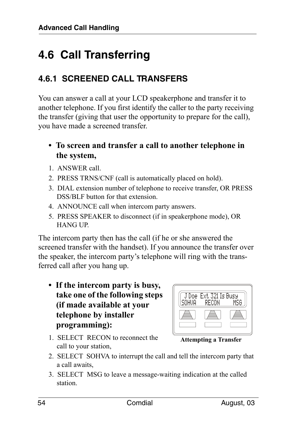 6 call transferring, 1 screened call transfers | Vertical Communications SCS 8324S User Manual | Page 64 / 174
