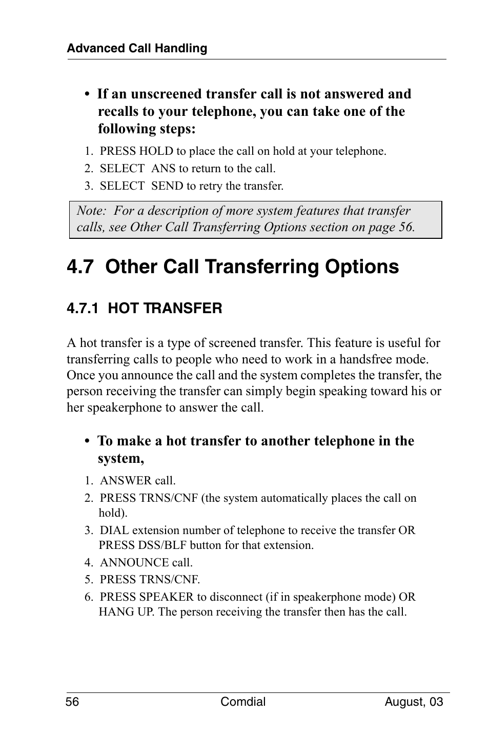 7 other call transferring options, 1 hot transfer | Vertical Communications SCS 8324S User Manual | Page 66 / 174