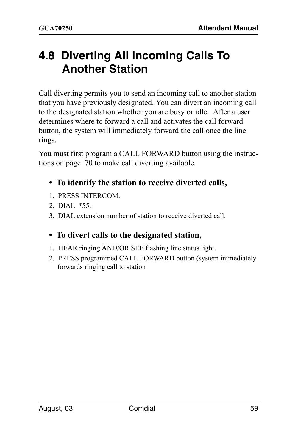 8 diverting all incoming calls to another station | Vertical Communications SCS 8324S User Manual | Page 69 / 174