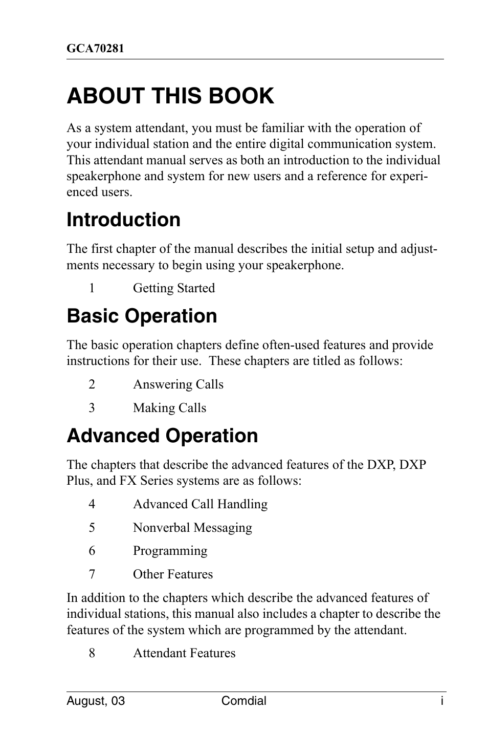 About this book, Introduction, Basic operation | Advanced operation | Vertical Communications SCS 8324S User Manual | Page 7 / 174
