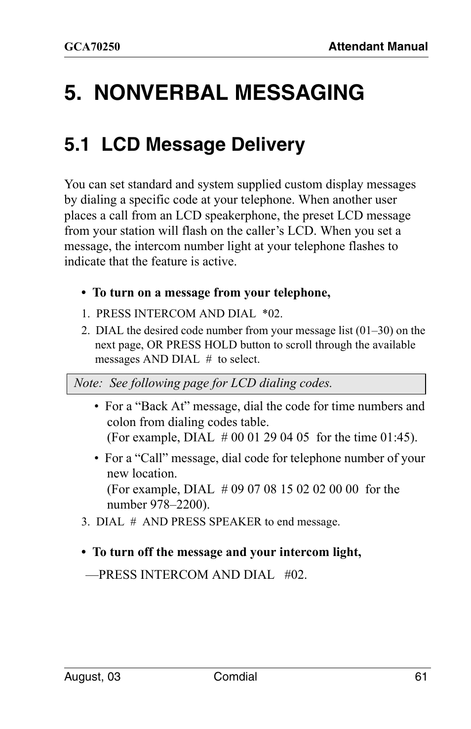 Nonverbal messaging, 1 lcd message delivery | Vertical Communications SCS 8324S User Manual | Page 71 / 174