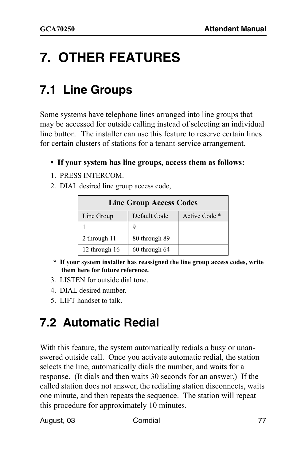 Other features, 1 line groups, 2 automatic redial | 1 line groups 7.2 automatic redial | Vertical Communications SCS 8324S User Manual | Page 87 / 174