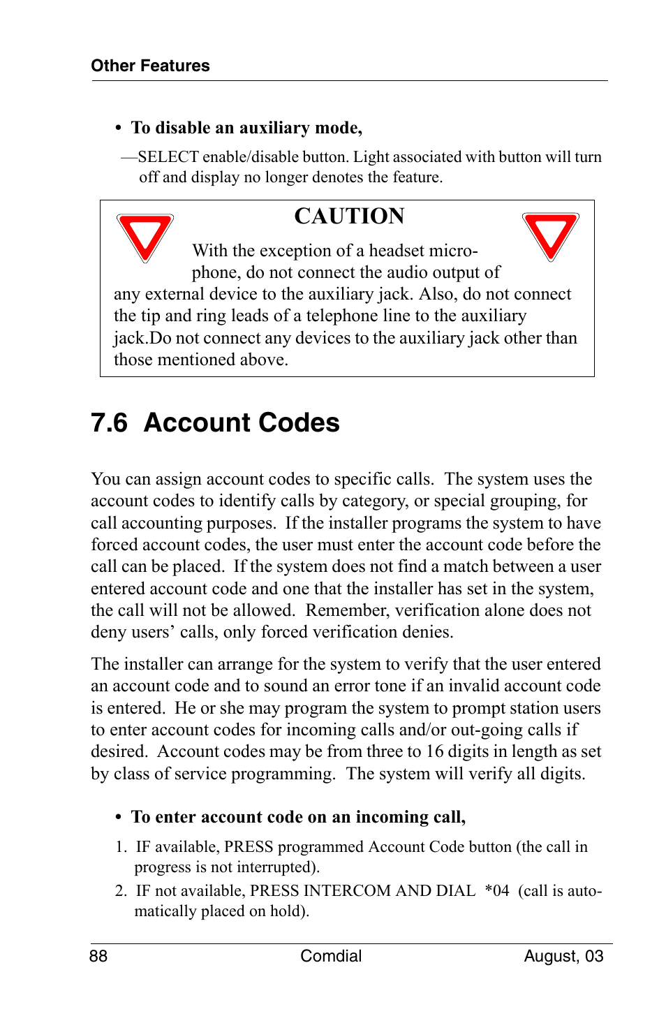 6 account codes, Caution | Vertical Communications SCS 8324S User Manual | Page 98 / 174