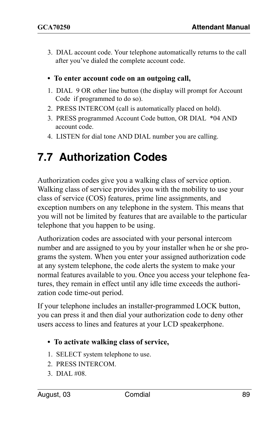 7 authorization codes | Vertical Communications SCS 8324S User Manual | Page 99 / 174