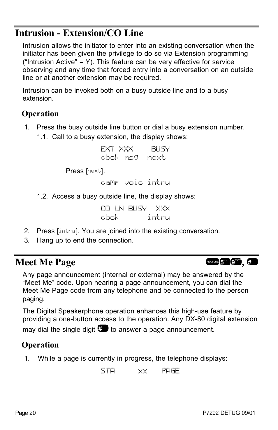 Intrusion - extension/co line, Ext xxx busy cbck msg next, Camp voic intru | Co ln busy xxx cbck intru, Meet me page !59, Sta xx page | Vertical Communications DX-80 User Manual | Page 23 / 55