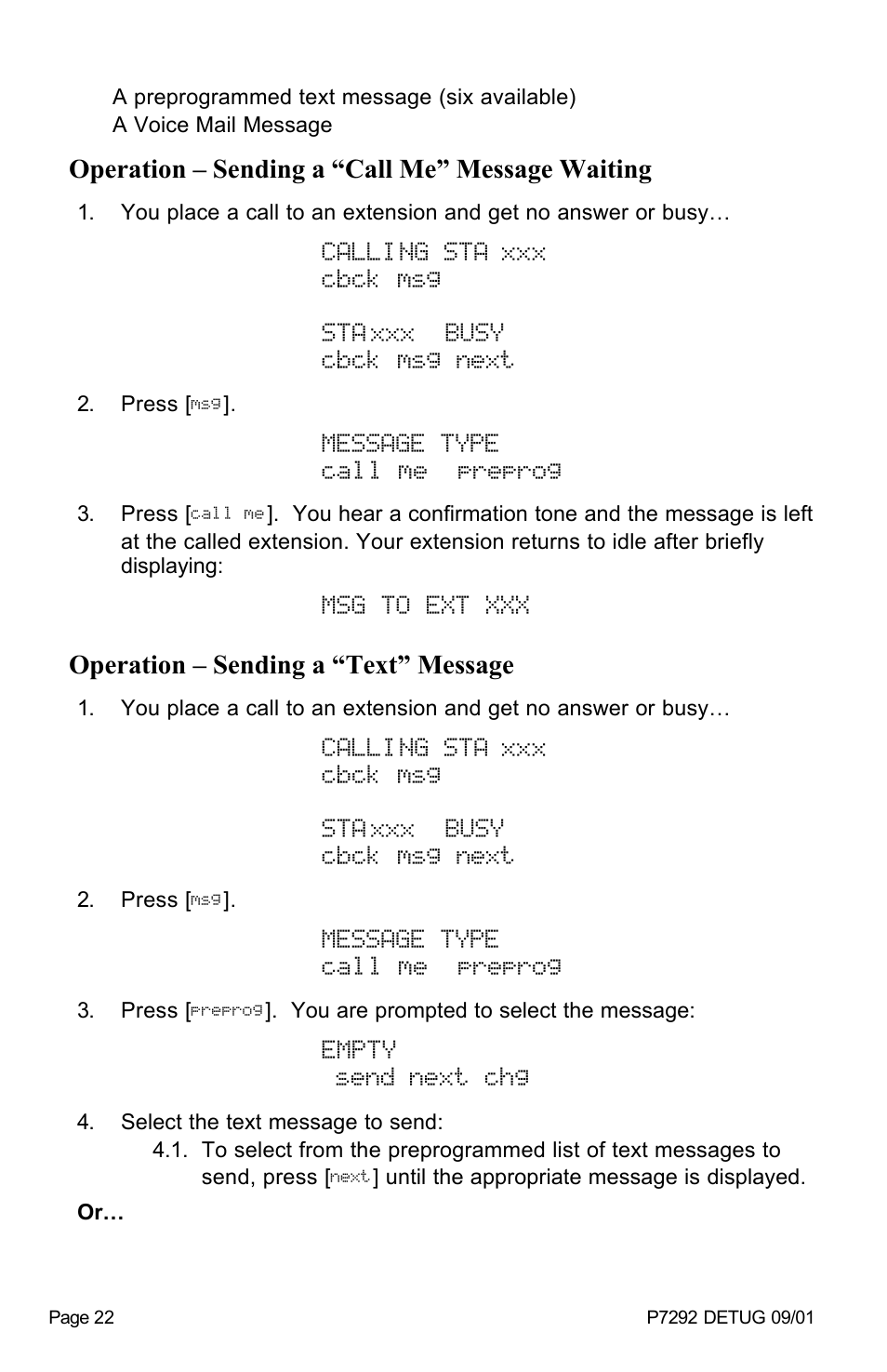 Calling sta xxx cbck msg staxxx busy cbck msg next, Message type call me preprog, Msg to ext xxx | Empty send next chg | Vertical Communications DX-80 User Manual | Page 25 / 55