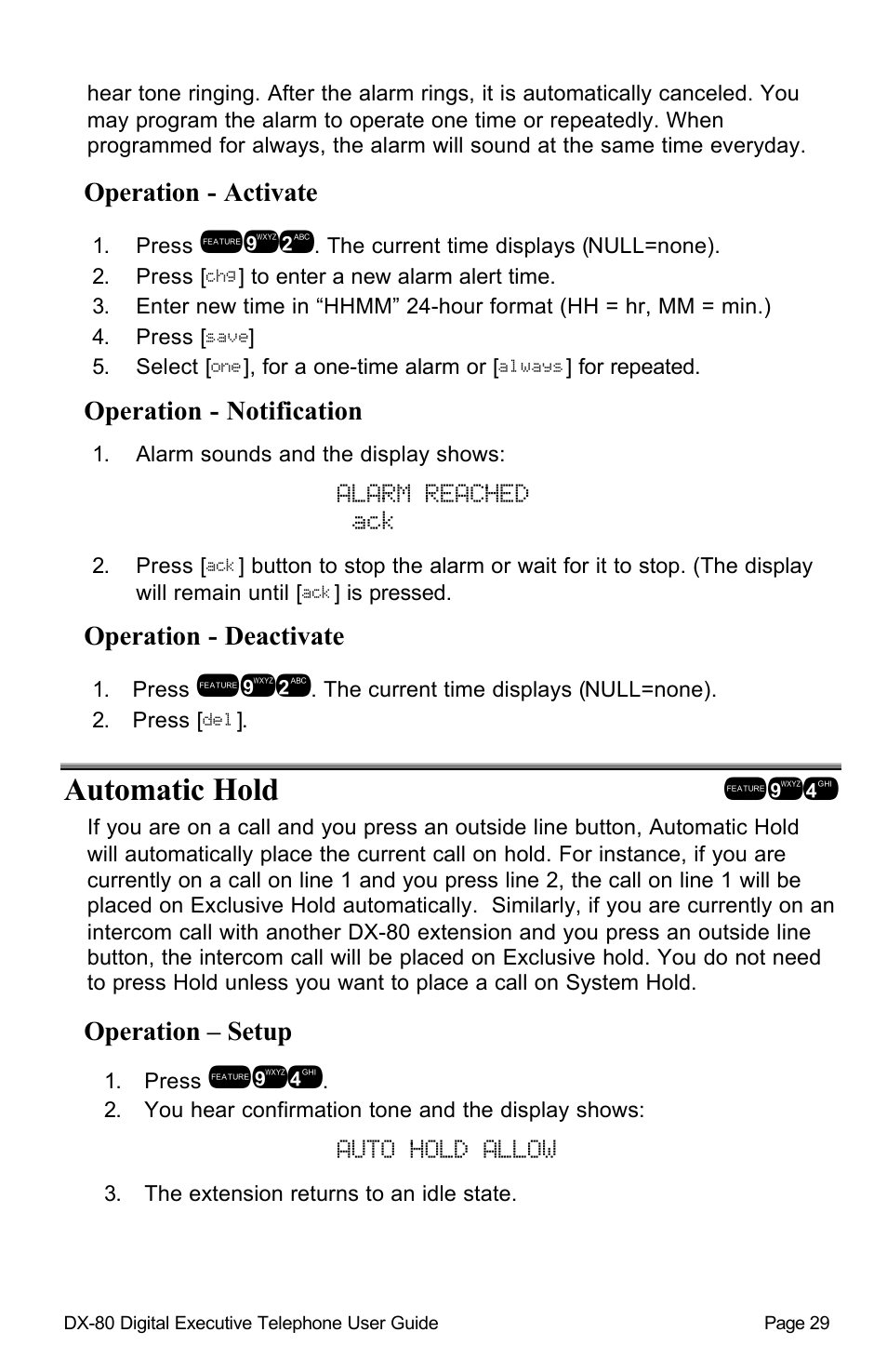 Alarm reached ack, Automatic hold !94, Auto hold allow | Vertical Communications DX-80 User Manual | Page 32 / 55