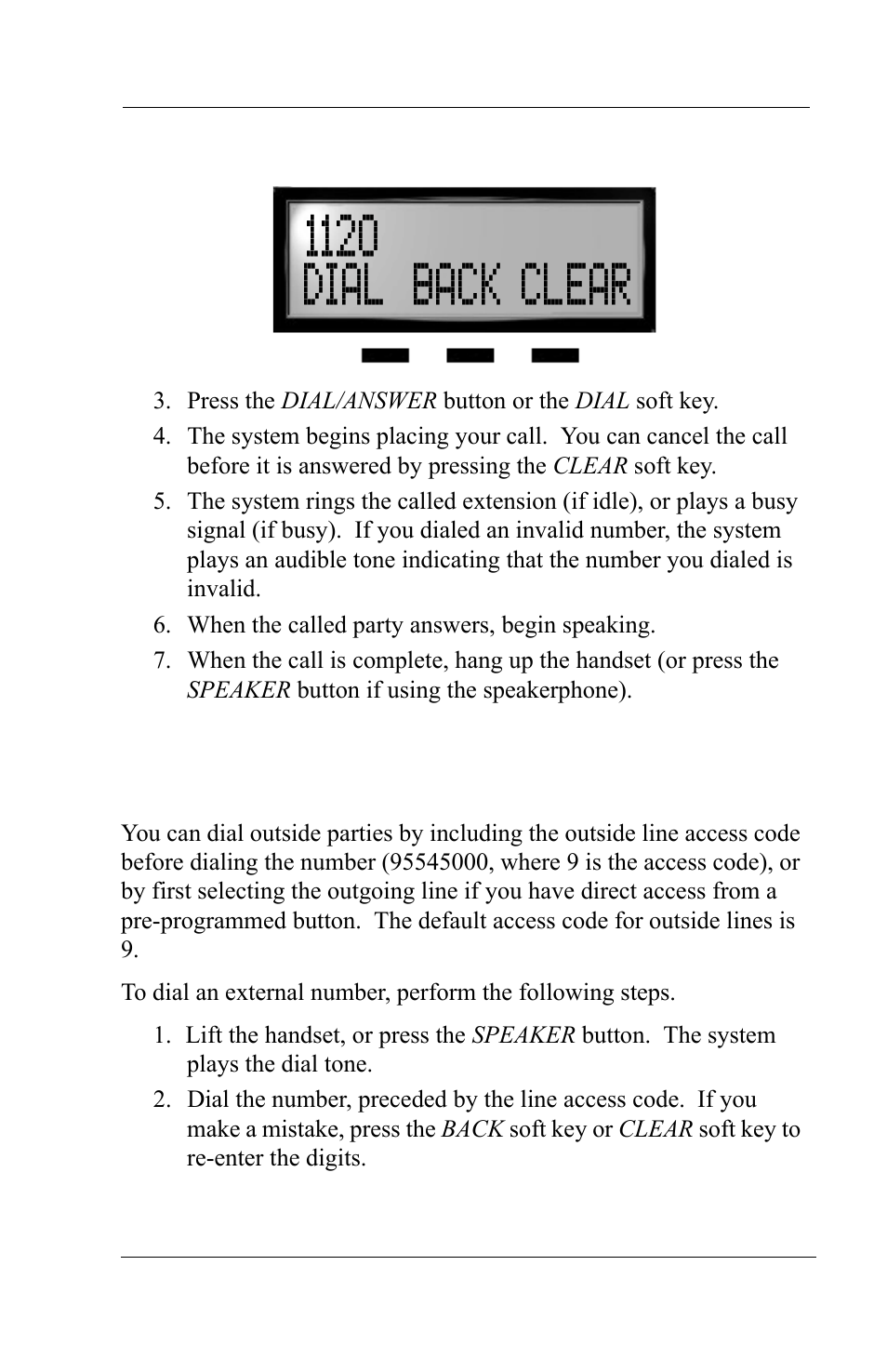 2 making a call to an outside party, 1120 dial back clear | Vertical Communications MP5000 User Manual | Page 20 / 38