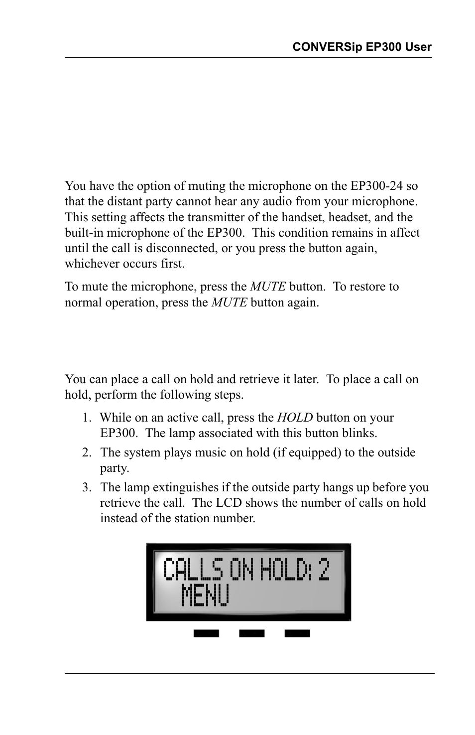 Processing calls, 1 muting the microphone, 2 using call hold | Calls on hold: 2 menu | Vertical Communications MP5000 User Manual | Page 27 / 38