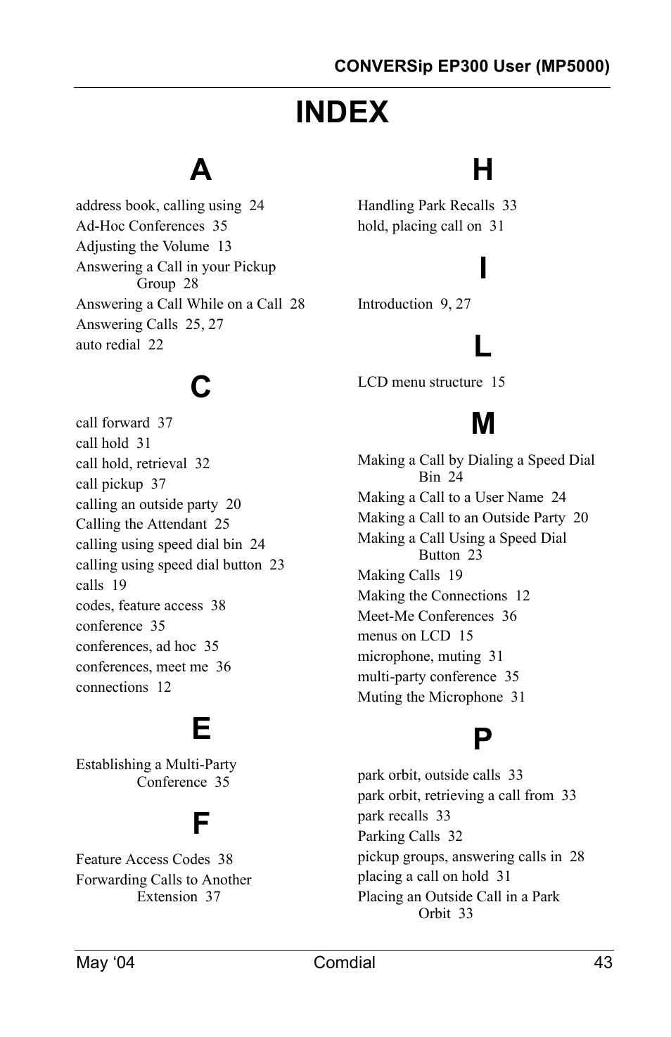 Index, Index a | Vertical Communications MP5000 User Manual | Page 35 / 38
