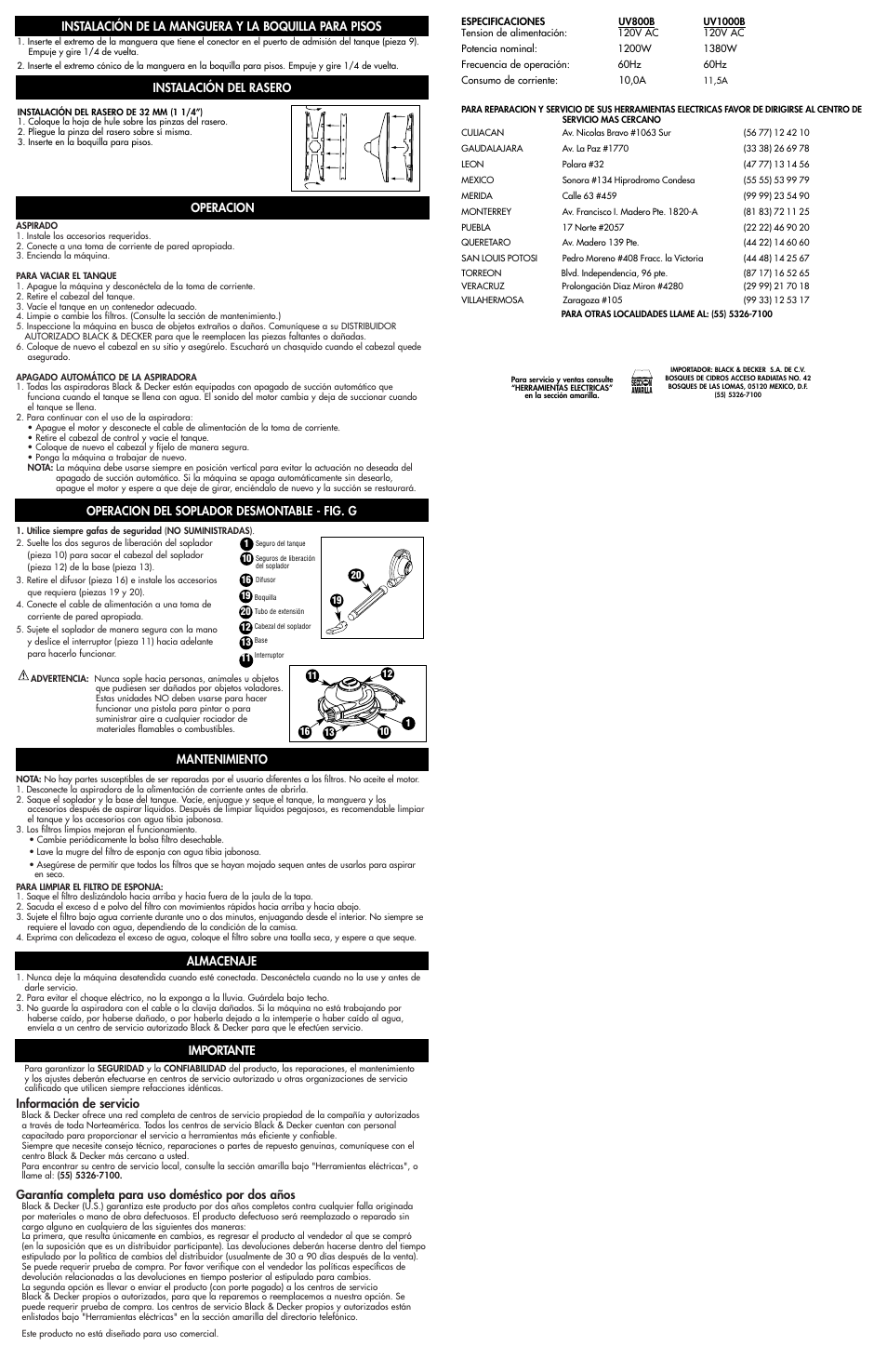 Información de servicio, Garantía completa para uso doméstico por dos años, Mantenimiento almacenaje | Vertical Communications UV800B User Manual | Page 5 / 5
