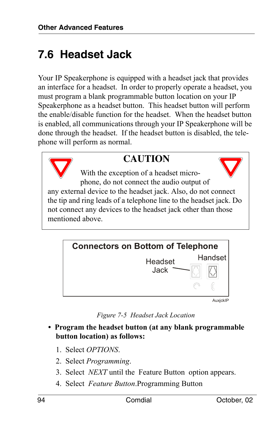 6 headset jack, Caution | Vertical Communications 8012S User Manual | Page 104 / 162