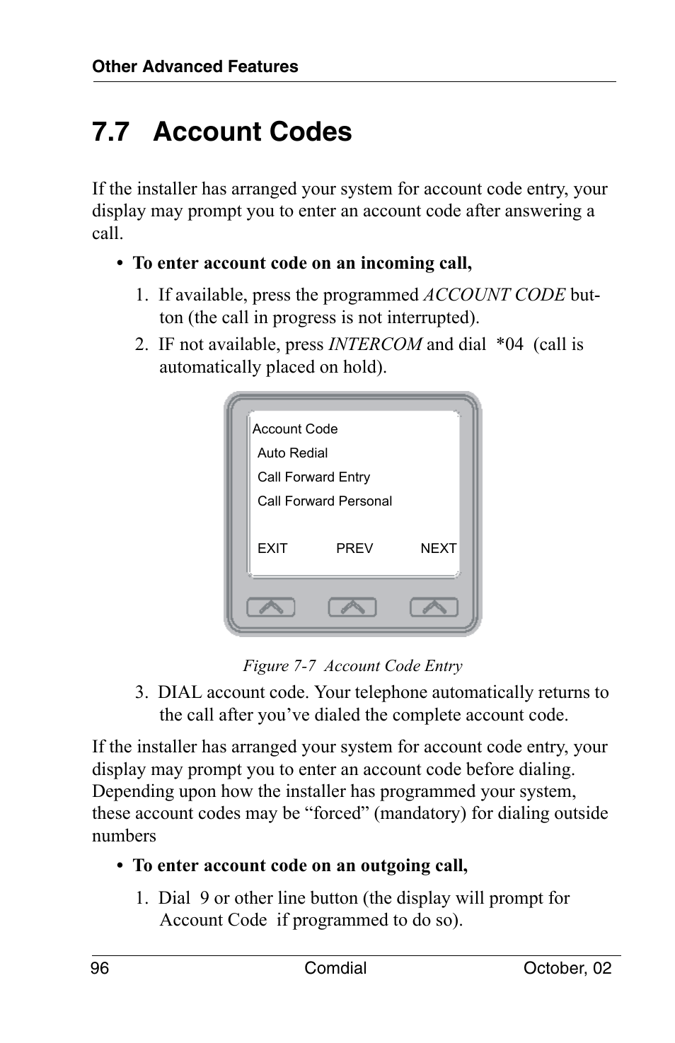 7 account codes | Vertical Communications 8012S User Manual | Page 106 / 162