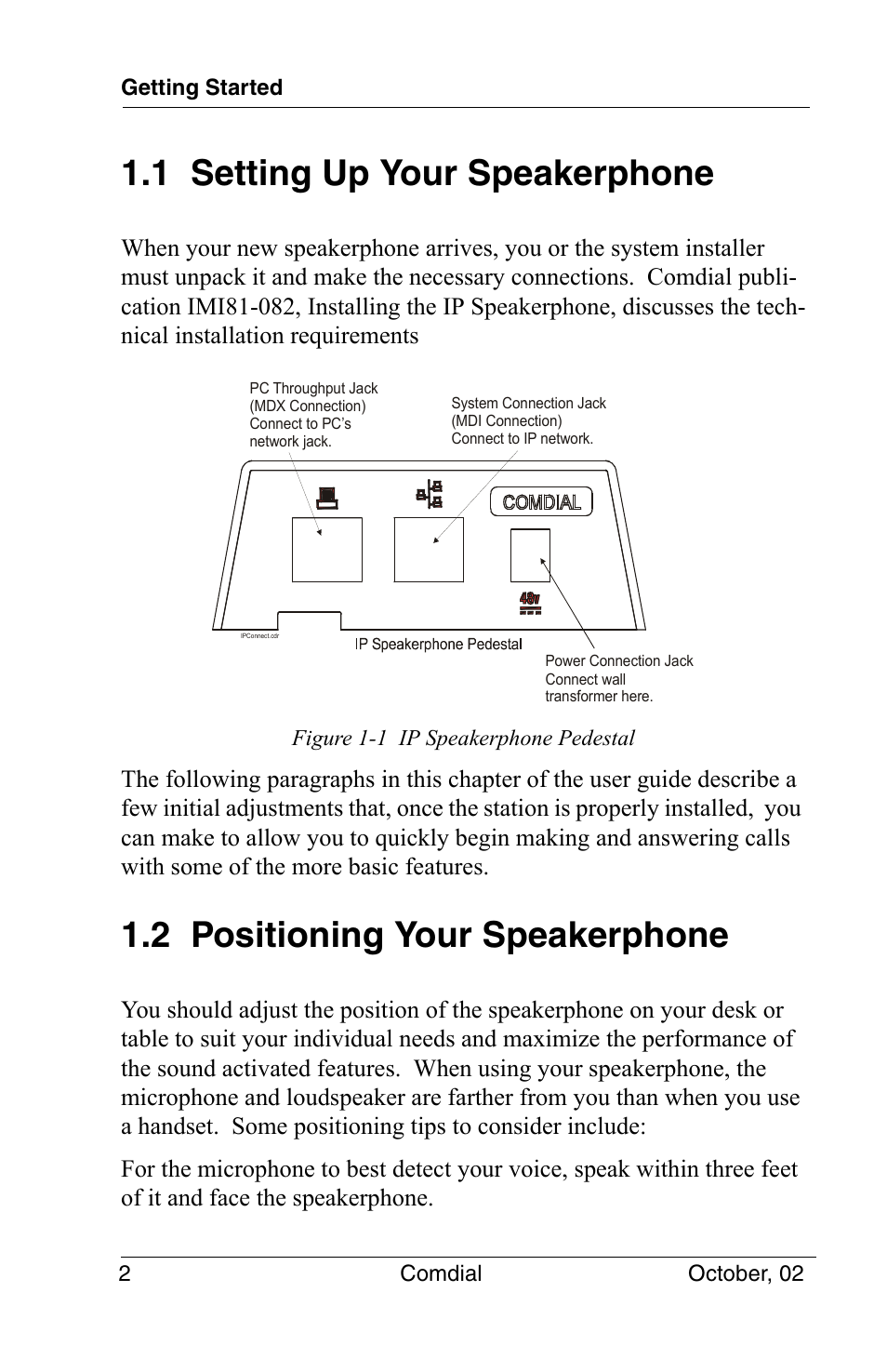 1 setting up your speakerphone, 2 positioning your speakerphone | Vertical Communications 8012S User Manual | Page 12 / 162