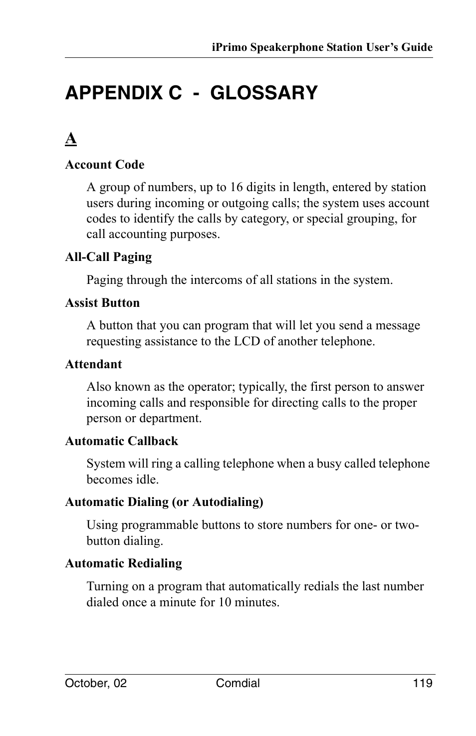Appendix c - glossary | Vertical Communications 8012S User Manual | Page 129 / 162