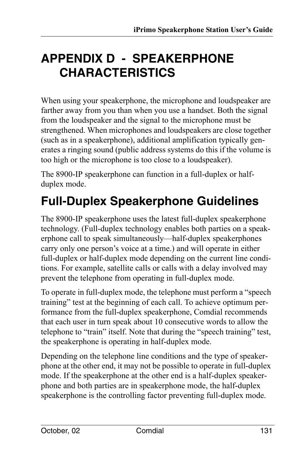 Appendix d - speakerphone characteristics, Full-duplex speakerphone guidelines | Vertical Communications 8012S User Manual | Page 141 / 162