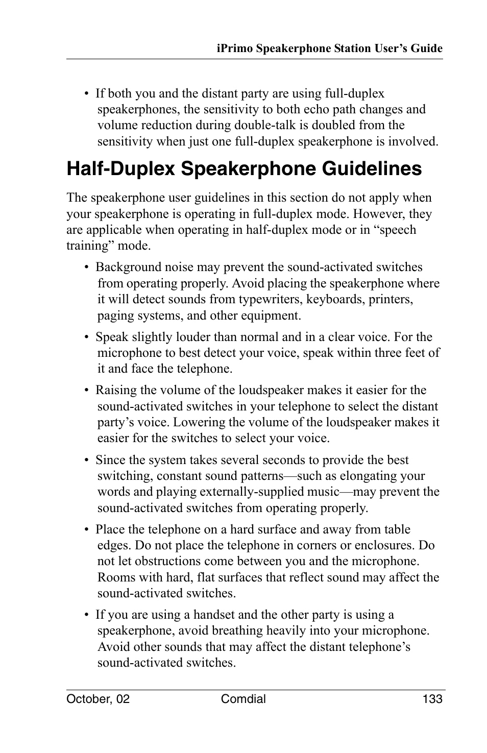 Half-duplex speakerphone guidelines | Vertical Communications 8012S User Manual | Page 143 / 162