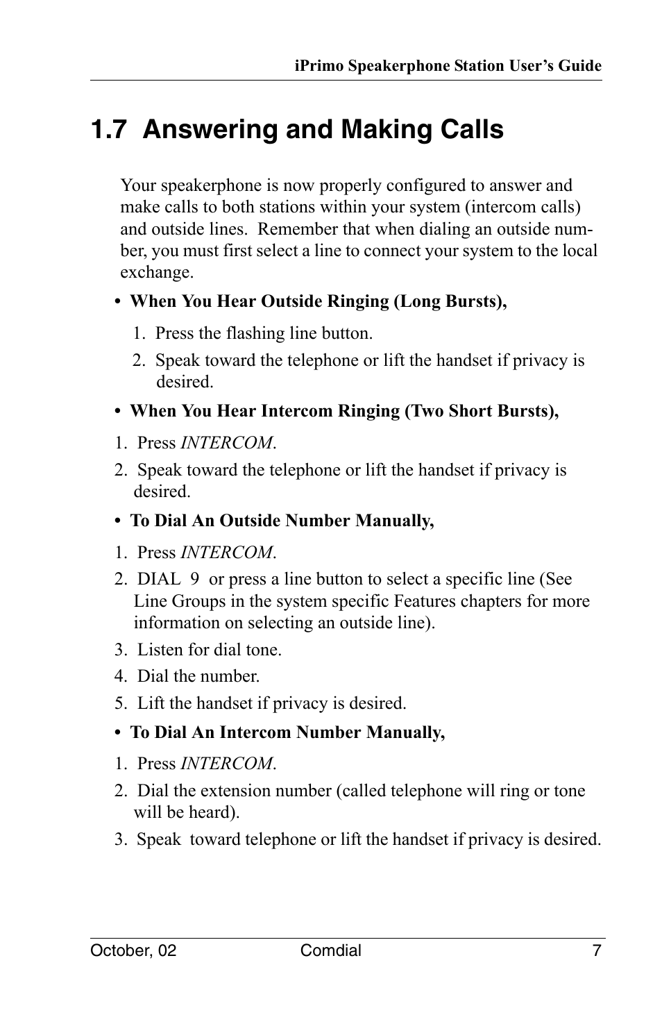 7 answering and making calls | Vertical Communications 8012S User Manual | Page 17 / 162
