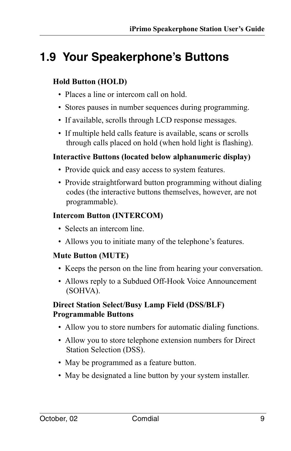 9 your speakerphone’s buttons | Vertical Communications 8012S User Manual | Page 19 / 162