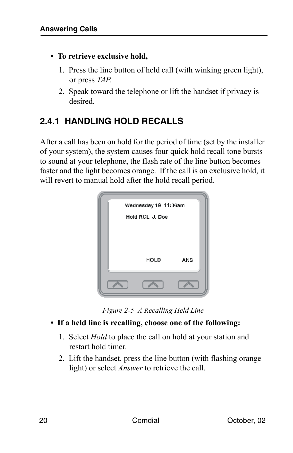 1 handling hold recalls | Vertical Communications 8012S User Manual | Page 30 / 162