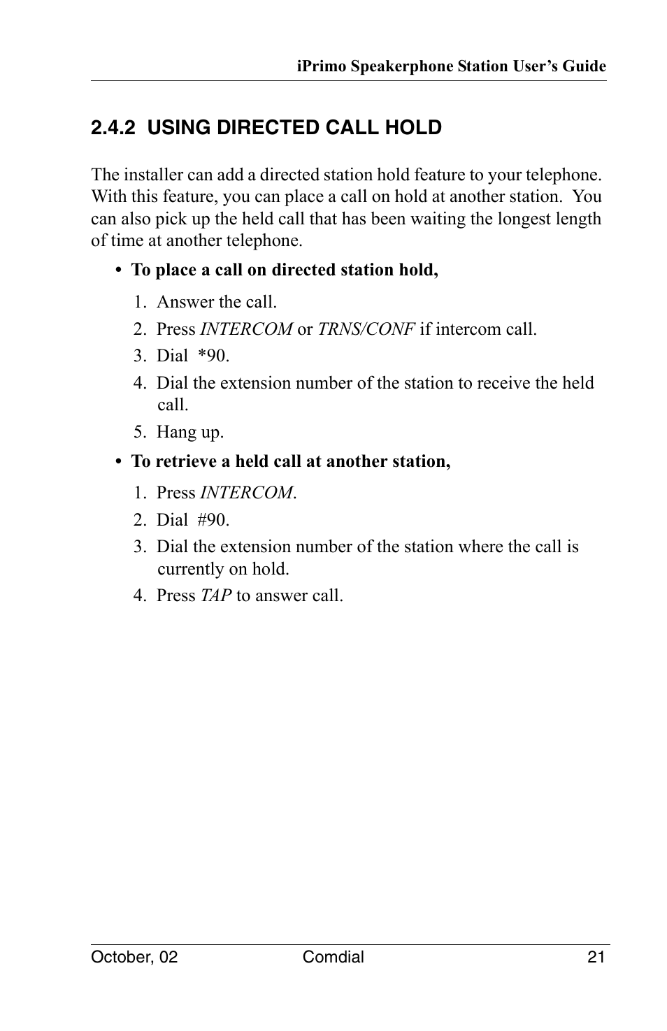 2 using directed call hold | Vertical Communications 8012S User Manual | Page 31 / 162