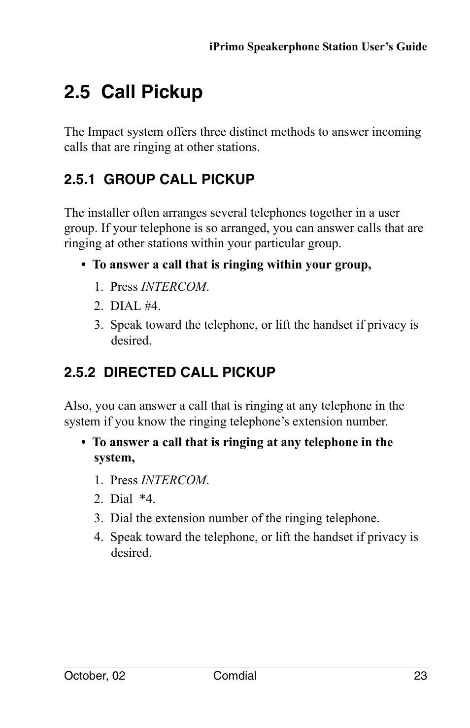5 call pickup, 1 group call pickup, 2 directed call pickup | Vertical Communications 8012S User Manual | Page 33 / 162