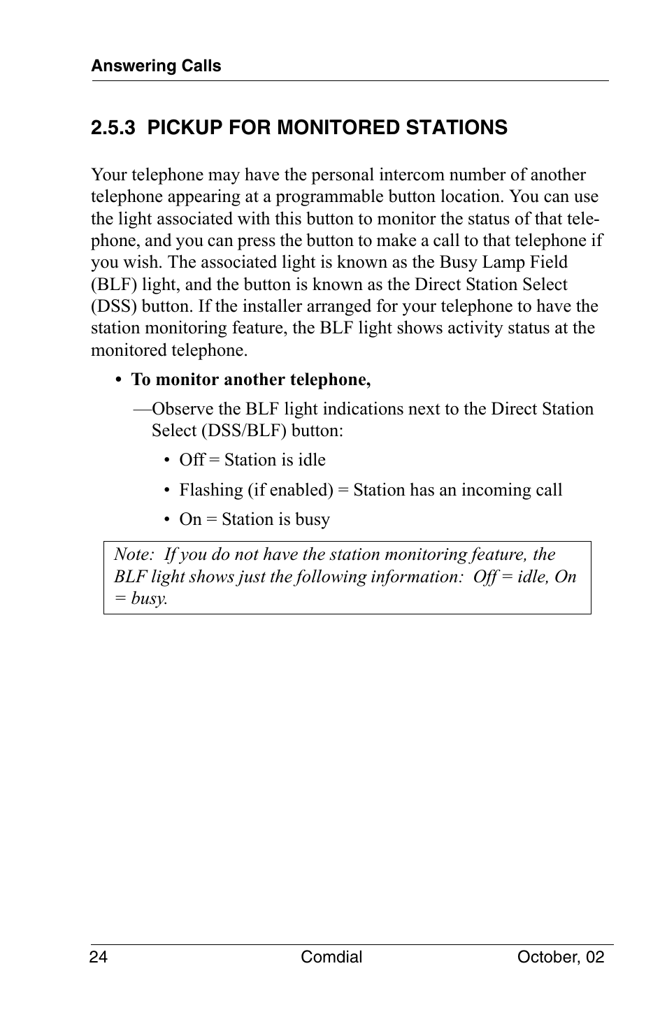 3 pickup for monitored stations | Vertical Communications 8012S User Manual | Page 34 / 162