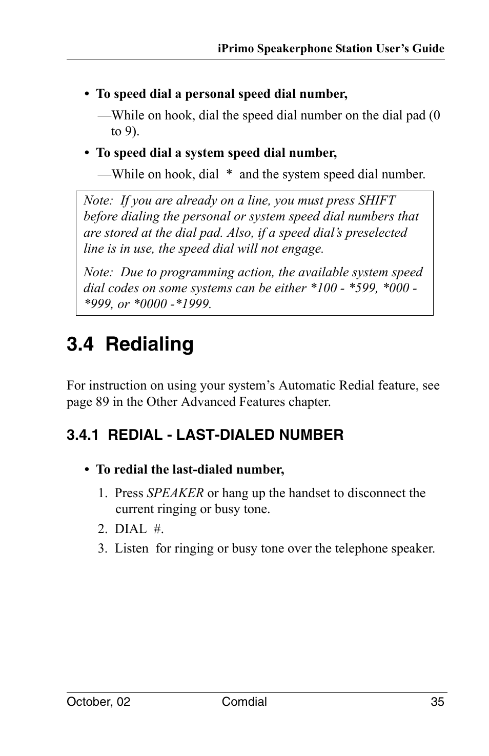4 redialing, 1 redial - last-dialed number | Vertical Communications 8012S User Manual | Page 45 / 162