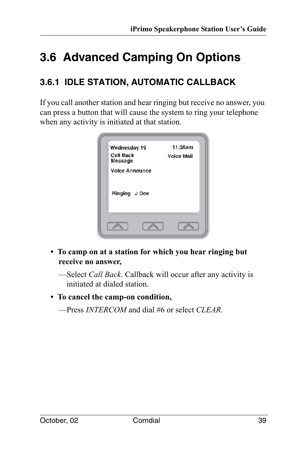 6 advanced camping on options, 1 idle station, automatic callback | Vertical Communications 8012S User Manual | Page 49 / 162