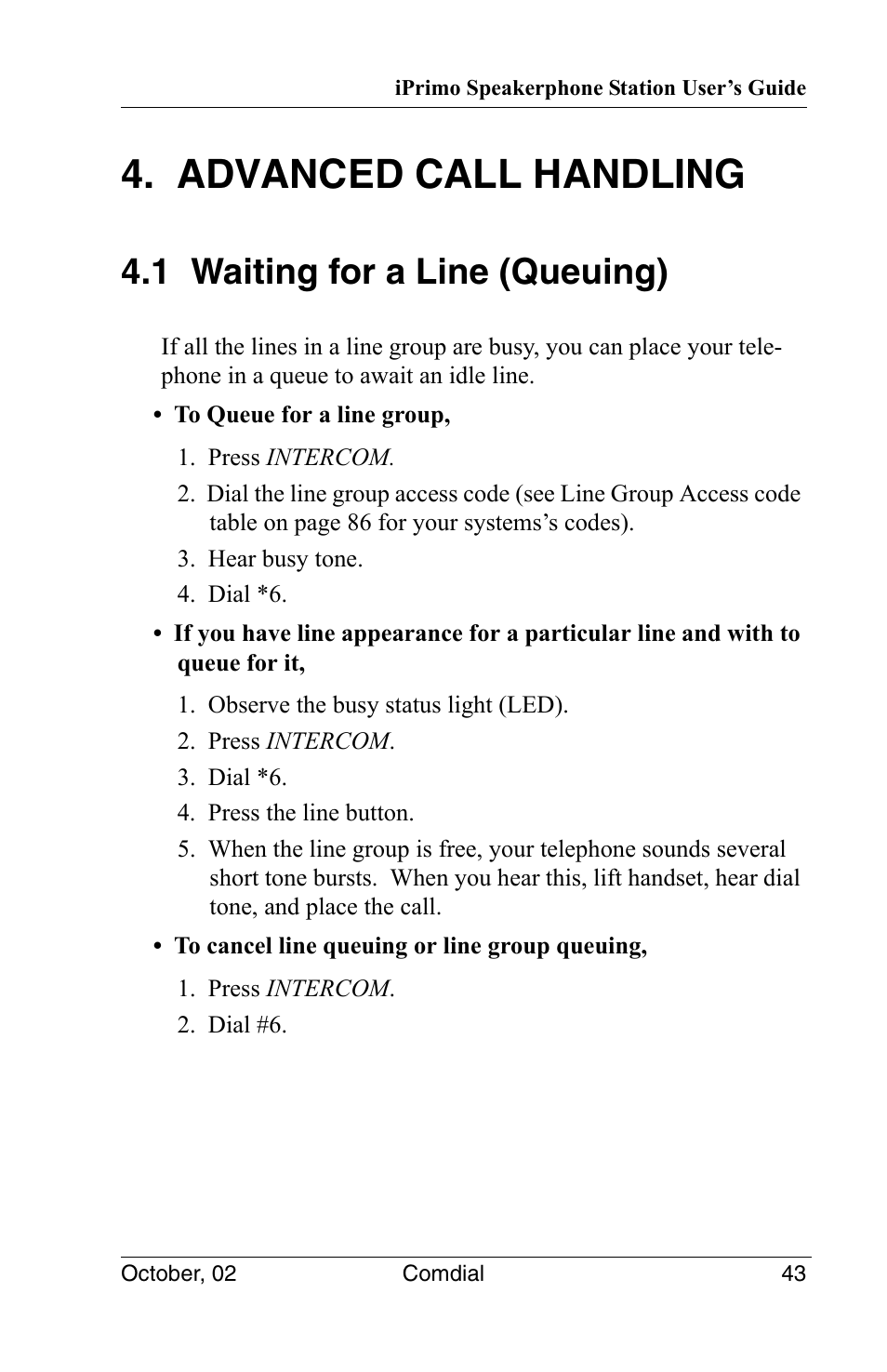 Advanced call handling, 1 waiting for a line (queuing) | Vertical Communications 8012S User Manual | Page 53 / 162