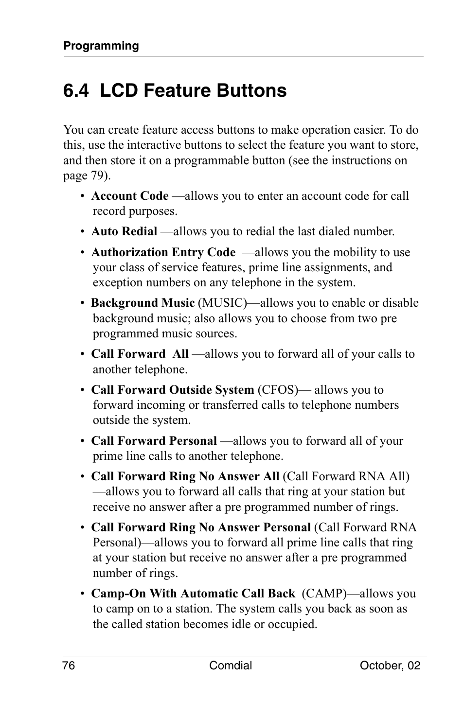 4 lcd feature buttons | Vertical Communications 8012S User Manual | Page 86 / 162