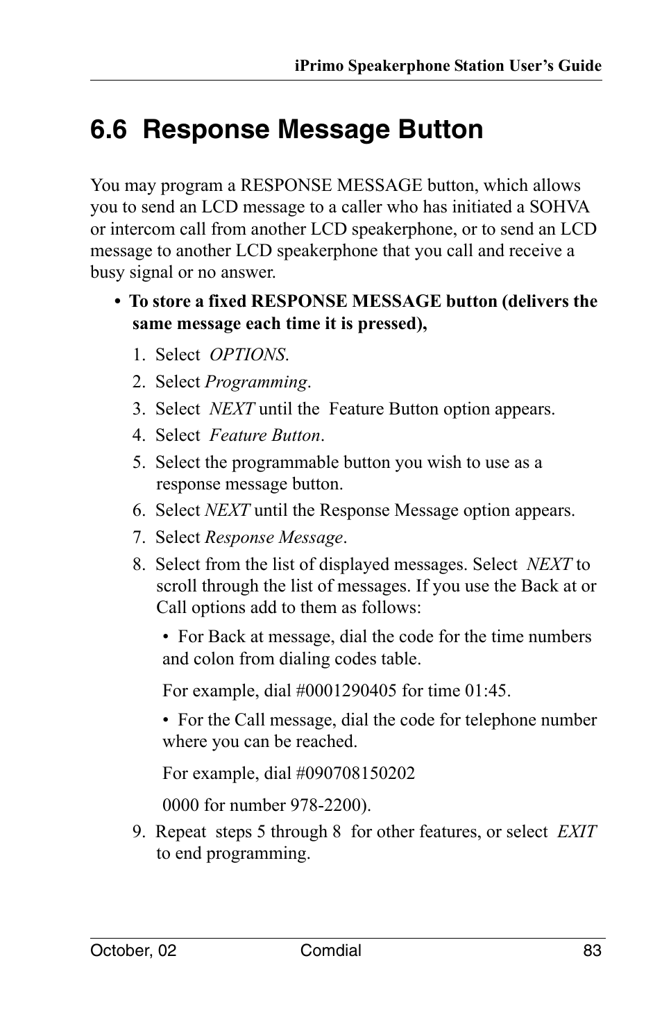 6 response message button | Vertical Communications 8012S User Manual | Page 93 / 162