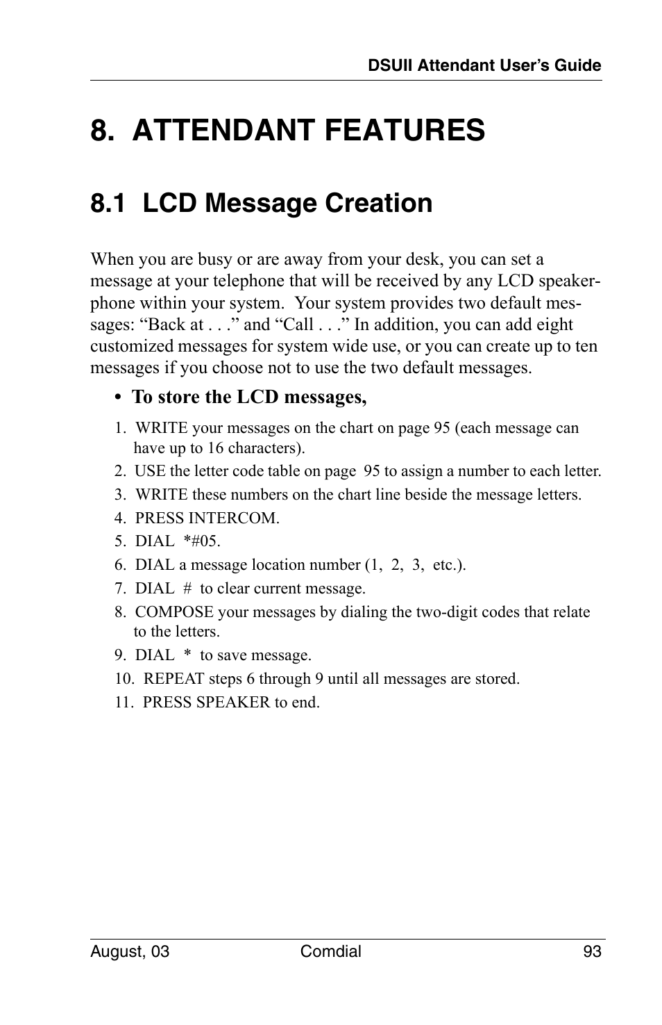 Attendant features, 1 lcd message creation | Vertical Communications SCS 8324F User Manual | Page 103 / 146