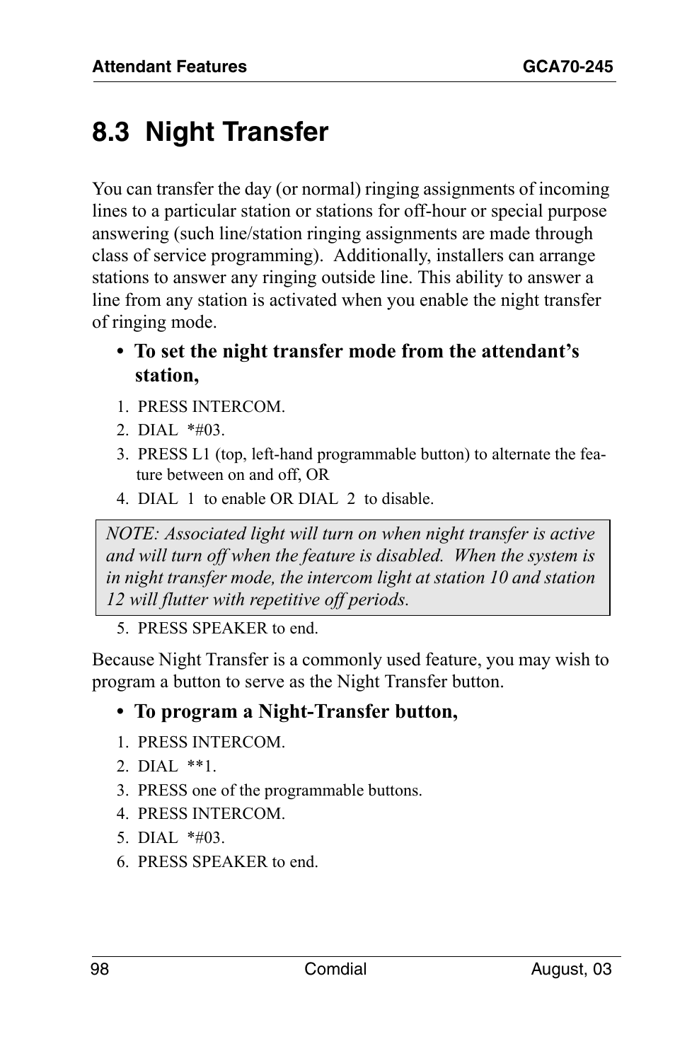 3 night transfer | Vertical Communications SCS 8324F User Manual | Page 108 / 146