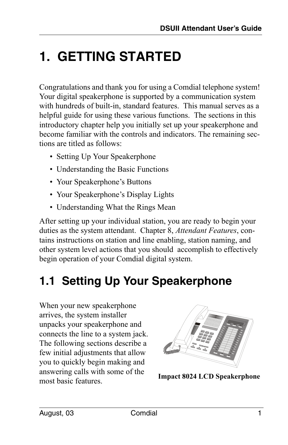 Getting started, 1 setting up your speakerphone | Vertical Communications SCS 8324F User Manual | Page 11 / 146