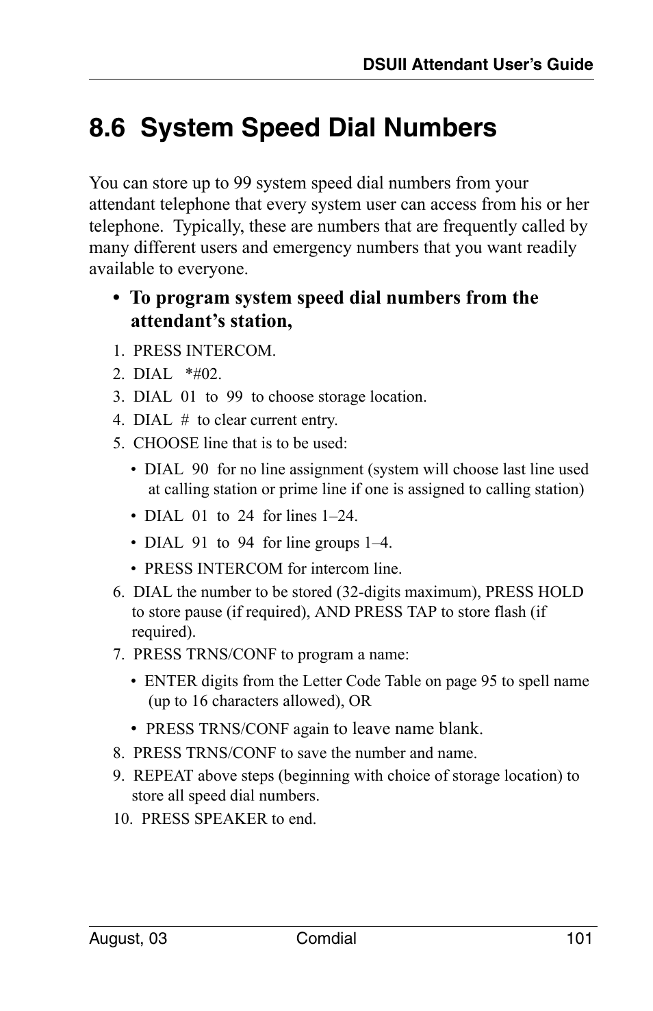 6 system speed dial numbers | Vertical Communications SCS 8324F User Manual | Page 111 / 146