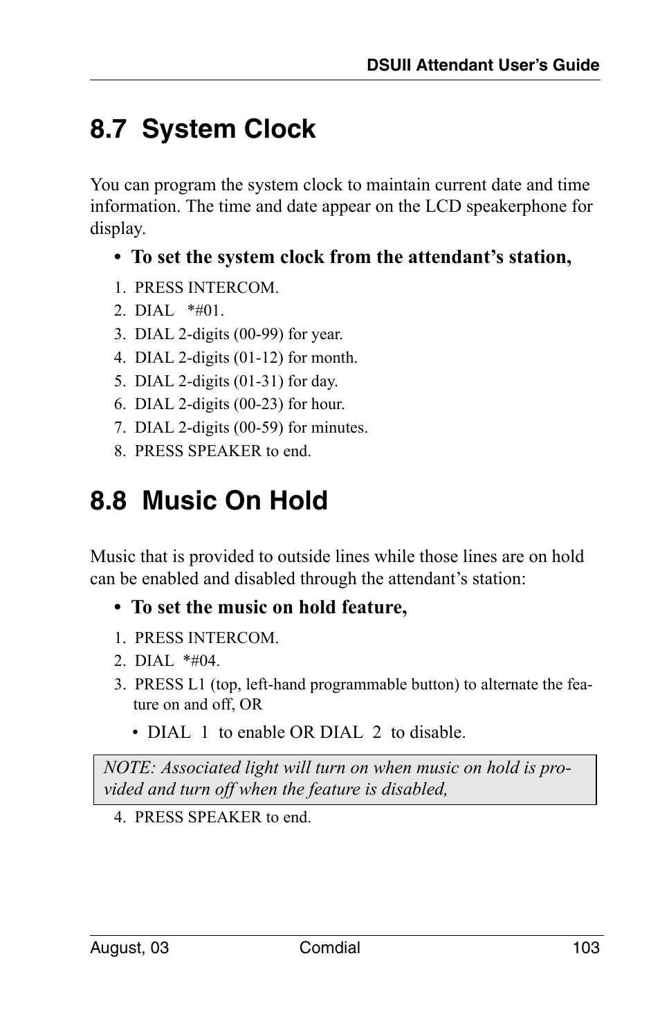 7 system clock, 8 music on hold, 7 system clock 8.8 music on hold | Vertical Communications SCS 8324F User Manual | Page 113 / 146