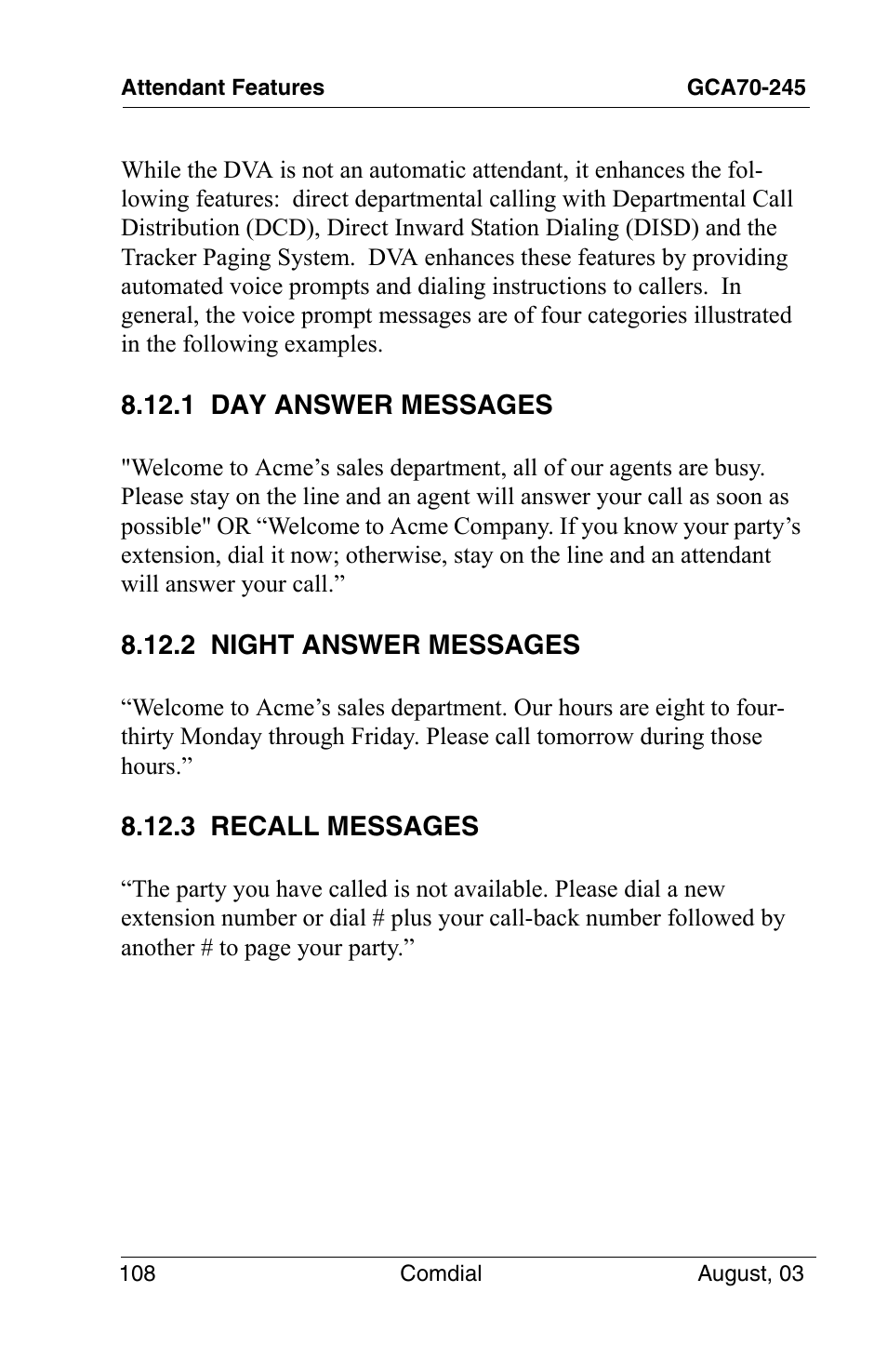 1 day answer messages, 2 night answer messages, 3 recall messages | Vertical Communications SCS 8324F User Manual | Page 118 / 146
