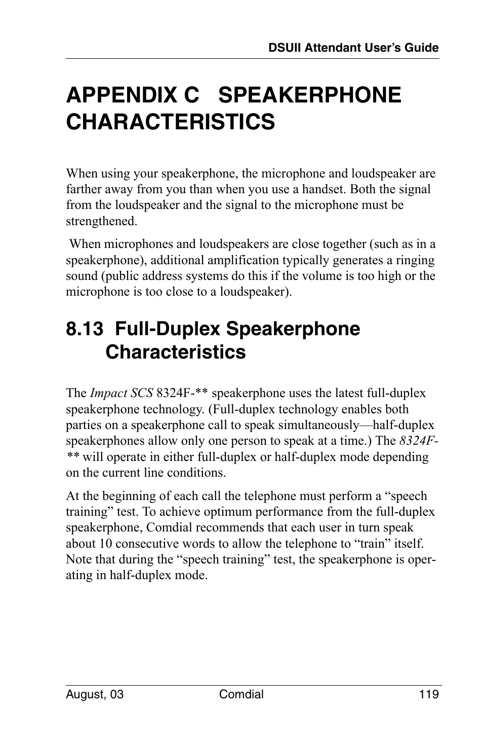 Appendix c speakerphone characteristics, 13 full-duplex speakerphone characteristics | Vertical Communications SCS 8324F User Manual | Page 129 / 146