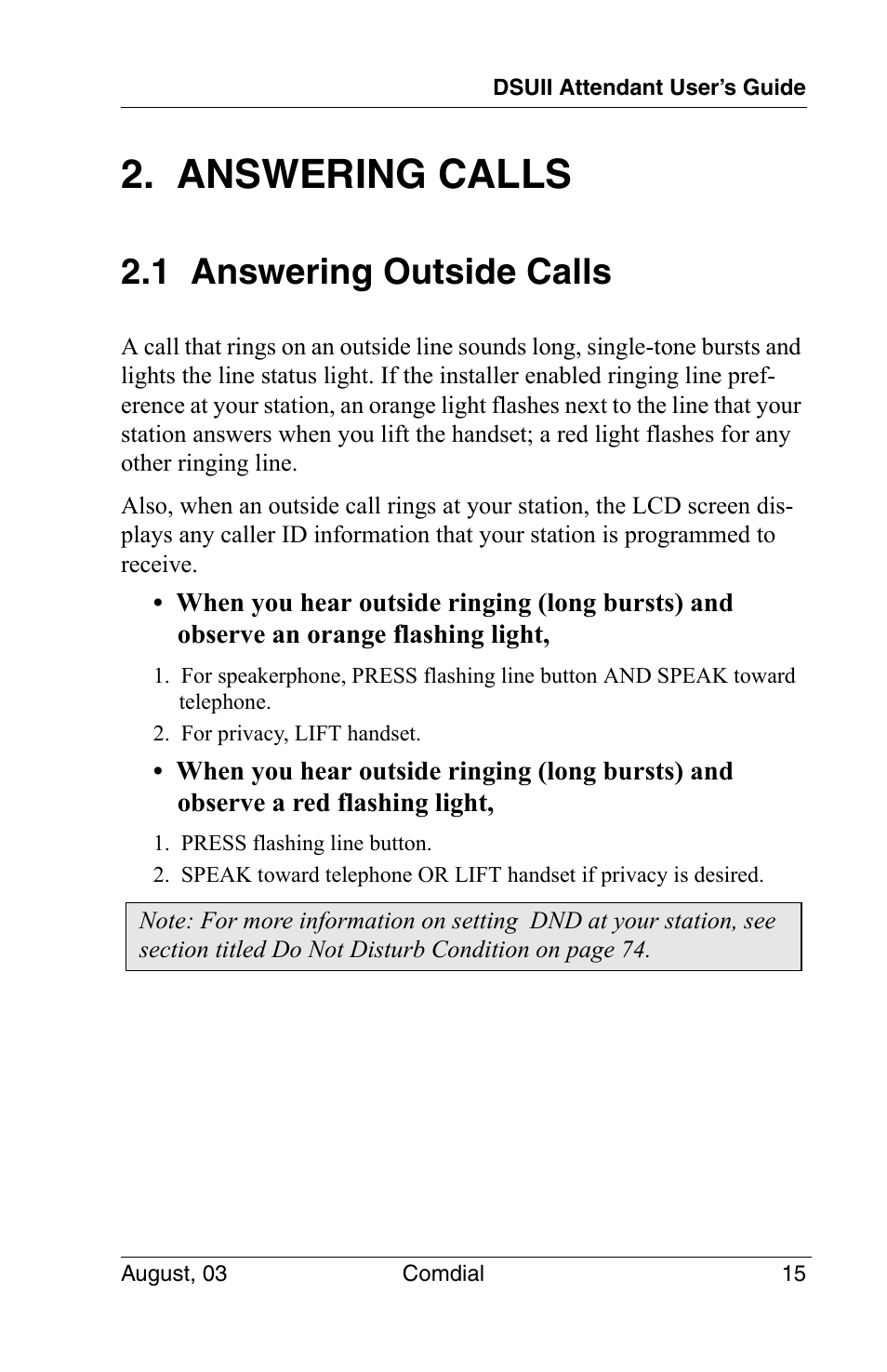 Answering calls, 1 answering outside calls | Vertical Communications SCS 8324F User Manual | Page 25 / 146