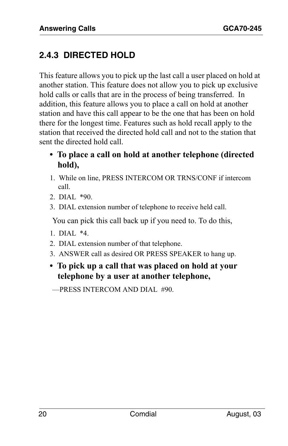3 directed hold | Vertical Communications SCS 8324F User Manual | Page 30 / 146