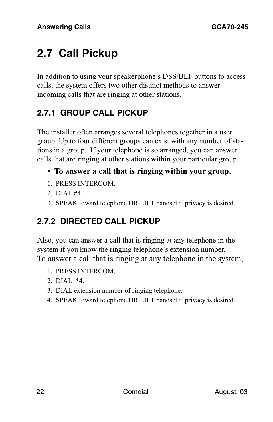 7 call pickup, 1 group call pickup, 2 directed call pickup | 1 group call pickup 2.7.2 directed call pickup | Vertical Communications SCS 8324F User Manual | Page 32 / 146