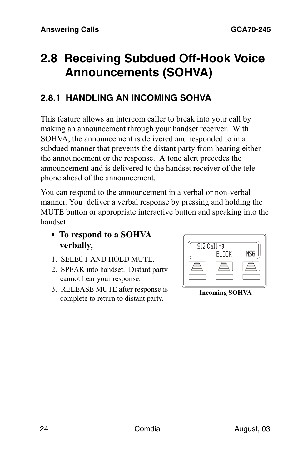 1 handling an incoming sohva, 8 receiving subdued off-hook voice announcements, Sohva) | Vertical Communications SCS 8324F User Manual | Page 34 / 146