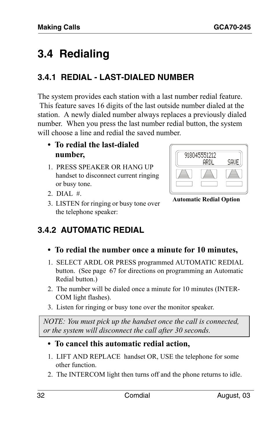 4 redialing, 1 redial - last-dialed number, 2 automatic redial | Vertical Communications SCS 8324F User Manual | Page 42 / 146