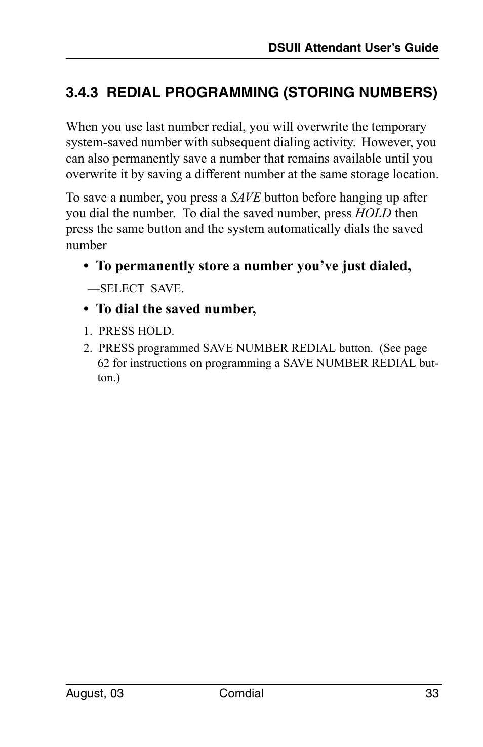 3 redial programming (storing numbers) | Vertical Communications SCS 8324F User Manual | Page 43 / 146