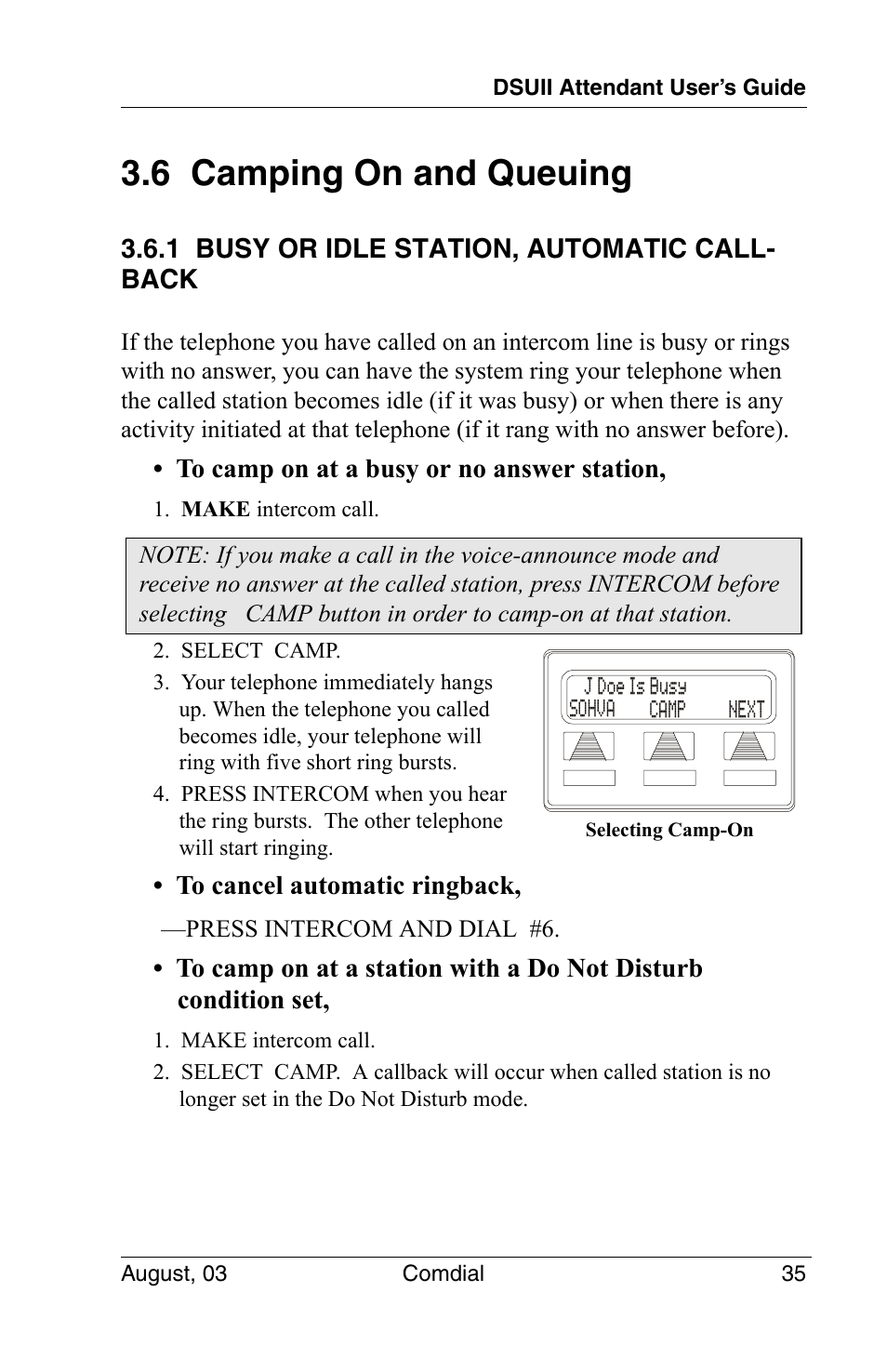 6 camping on and queuing, 1 busy or idle station, automatic call back, 1 busy or idle station, automatic callback | Vertical Communications SCS 8324F User Manual | Page 45 / 146